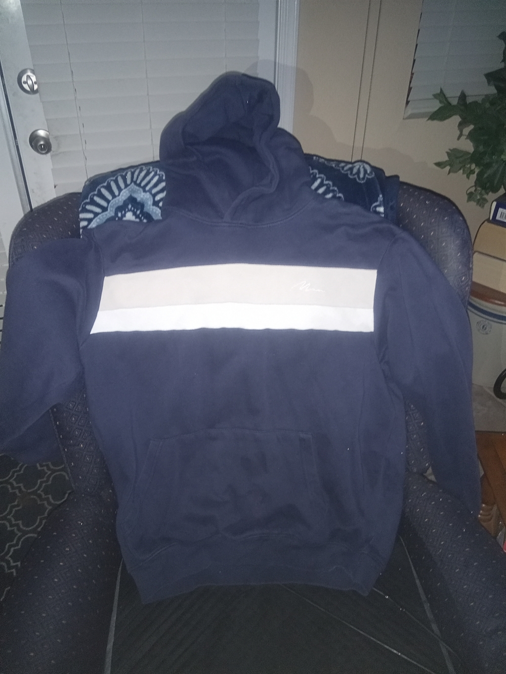 Boohoo Navy Hoodie with White and Light Beige Stripe